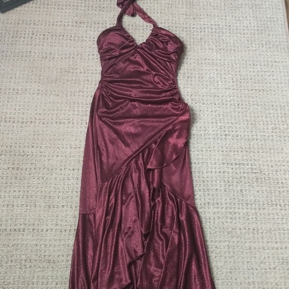 City Triangles | Red Glitter Halter Ruffle Dress - Picture 6 of 7